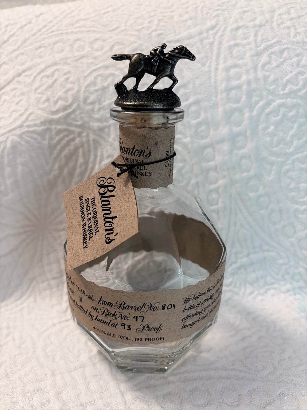 Blanton’s Original Single Barrel Bourbon Bottle with “ T” Stopper